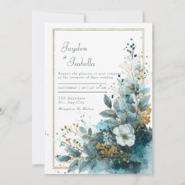 Azurblauw Turkoois Goud Glitter Waterverf Bloem Br Kaart