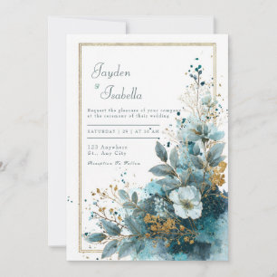 Azurblauw Turkoois Goud Glitter Waterverf Bloem Br Kaart