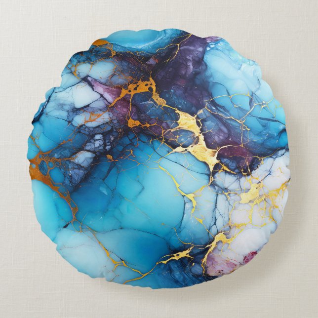 Azurblauwe & Amethist Marmer met Gouden Aders Rond Kussen (Voorkant)
