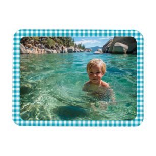 Azurblauwe Gingham Plaid Familie Foto Magneet
