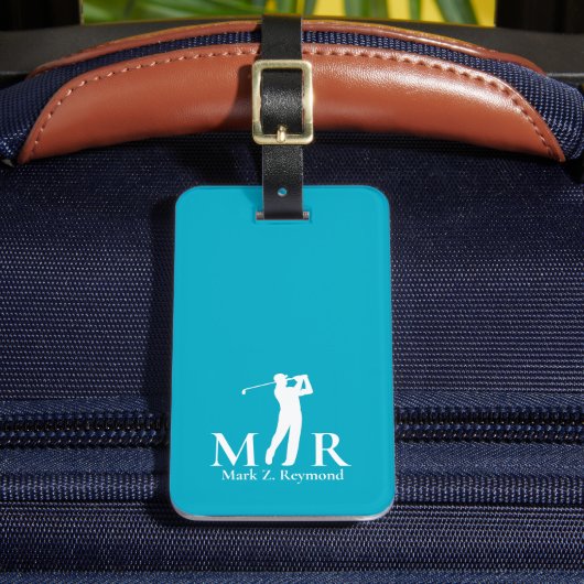 Azurblauwe golfer met monogram Blauw Bagagelabel (Voorkant Insitu 2)