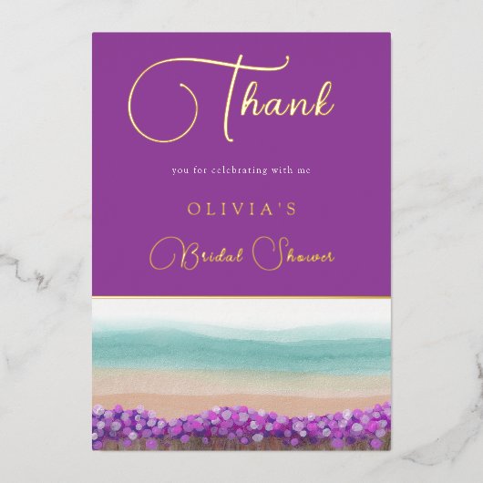 Azurblauwe kust in bloei bruiloftsdans bedankkaart folie uitnodiging (Voorkant)