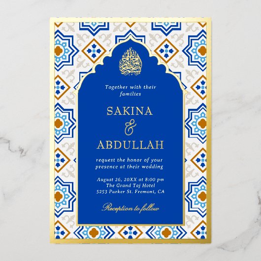 Azurblauwe Perzische Mozaïek Moslim Bruiloft Goud Folie Uitnodiging (Voorkant)