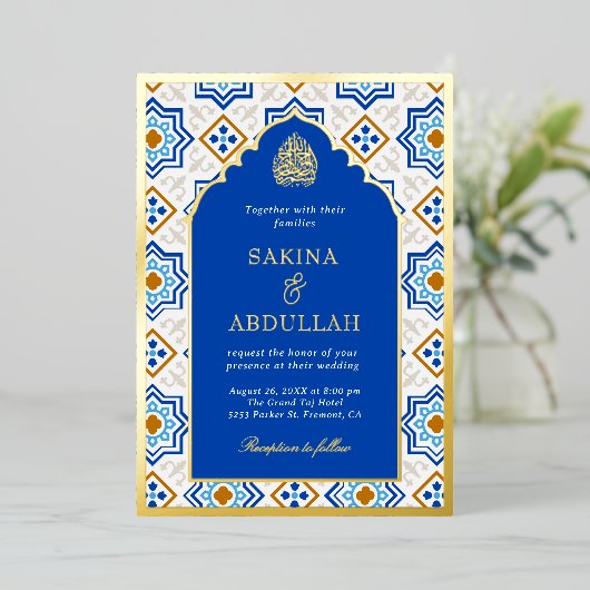Azurblauwe Perzische Mozaïek Moslim Bruiloft Goud Folie Uitnodiging (Staand Voorkant)