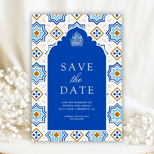 Azurblauwe Perzische Mozaïek Moslim Bruiloft Save The Date