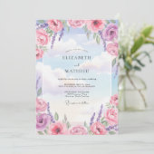 Azurblauwe Violet Ranunculus Eucalyptus Bruiloft Kaart (Staand voorkant)