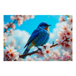 Azurblauwe vogel op tak van kersenbloesem perfect poster