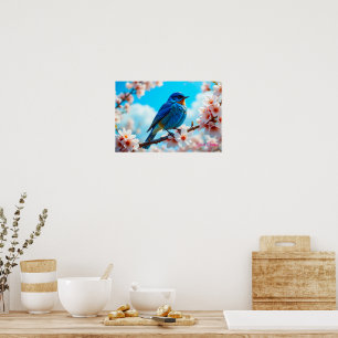 Azurblauwe vogel op tak van kersenbloesem poster