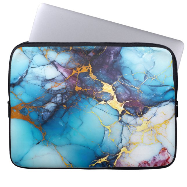 Azure & Amethyst Marble with Golden Veins Laptop Sleeve (Voorkant)