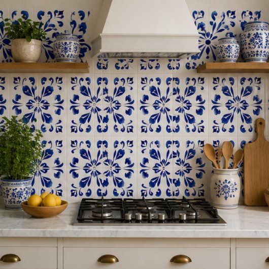 Azure Arabesque Floral Geometry Elegant Coastal Tegeltje