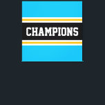 Azure Blauw Zwart Wit Oranje KAMPIOENEN Strepen Canvas Afdruk<br><div class="desc">Dit kleurrijke,  sportieve ontwerp bevat atletische KAMPIOENEN tekst in een brede zwarte horizontale middenstreep met aangrenzende goudgele oranje en witte race strepen tegen azure blauwe buitenranden.  De kleuren en tekst in dit ontwerp kunnen worden gepersonaliseerd.</div>