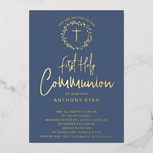 Azure Blessings Boys Communion Invitation Folie Uitnodiging (Voorkant)
