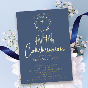 Azure Blessings Boys Communion Invitation Folie Uitnodiging