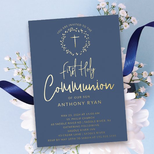 Azure Blessings Boys Communion Invitation Folie Uitnodiging