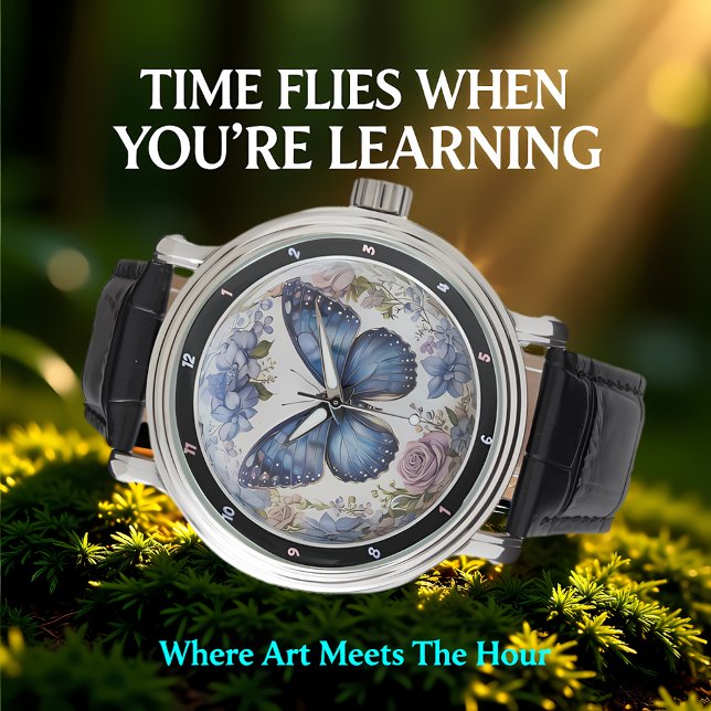 Azure Bloom" - Blauwe Vlinder Bloem Horloge (Creator heeft geüpload)
