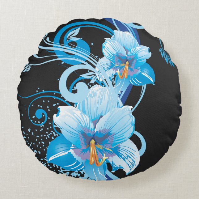 Azure Bloom Elegantie Rond Kussen (Voorkant)