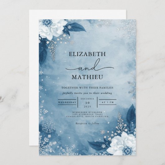 Azure Bloom Frost Romance Wedding Kaart (Voorkant / Achterkant)