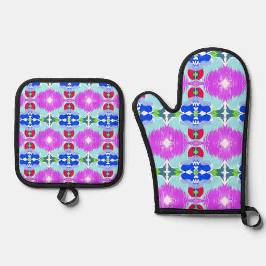 Azure Bloom Kaleidoscoop Ovenwant & Pannenlap Set (Voorkant)