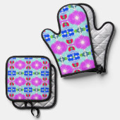 Azure Bloom Kaleidoscoop Ovenwant & Pannenlap Set (Voorkant / Achterkant)