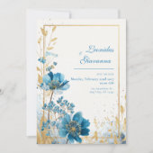 Azure Blooms & Gold Leaf Waterverf Wedding Kaart (Voorkant)