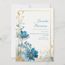Azure Blooms & Gold Leaf Waterverf Wedding Kaart