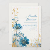 Azure Blooms & Gold Leaf Waterverf Wedding Kaart (Voorkant / Achterkant)