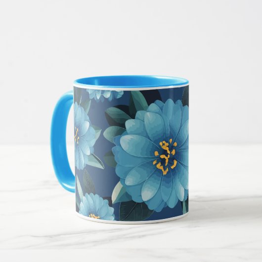 Azure Blooms: Levendig Blauw Bloempatroon Mok (Voorkant links)