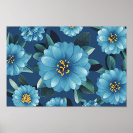 Azure Blooms: Levendig Blauw Bloempatroon Poster
