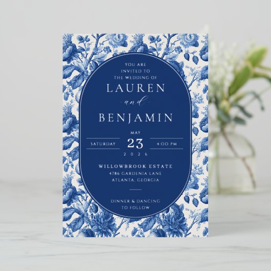 Azure Blooms Wedding Folie Uitnodiging (Staand Voorkant)