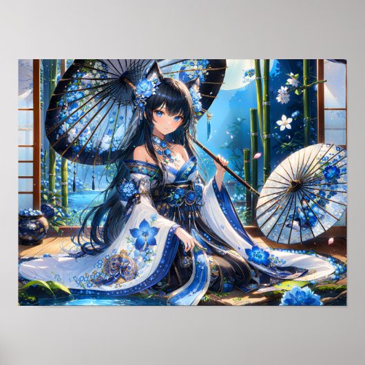Azure Blossom Kimono Girl Poster (Voorkant)
