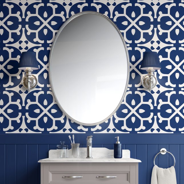 Azure Blossom Tegels - Navy and White - Eclectisch Behang (Azure Blossom Tiles - Navy and White - Eclectic)