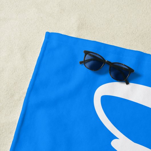 Azure Blue and White Lettering Script Strandlaken (In situ)