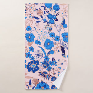  Azure Blue Blush Pink Floral Illustration Badhanddoek