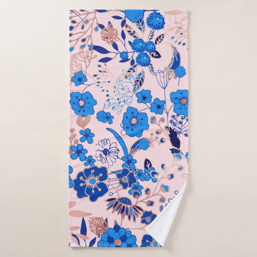  Azure Blue Blush Pink Floral Illustration Badhanddoek (Badhanddoek)