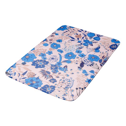 Azure Blue Blush Pink Floral Illustration Badmat (Gekanteld)
