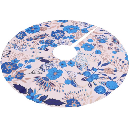  Azure Blue Blush Pink Floral Illustration Kerstboom Rok (Gekanteld)