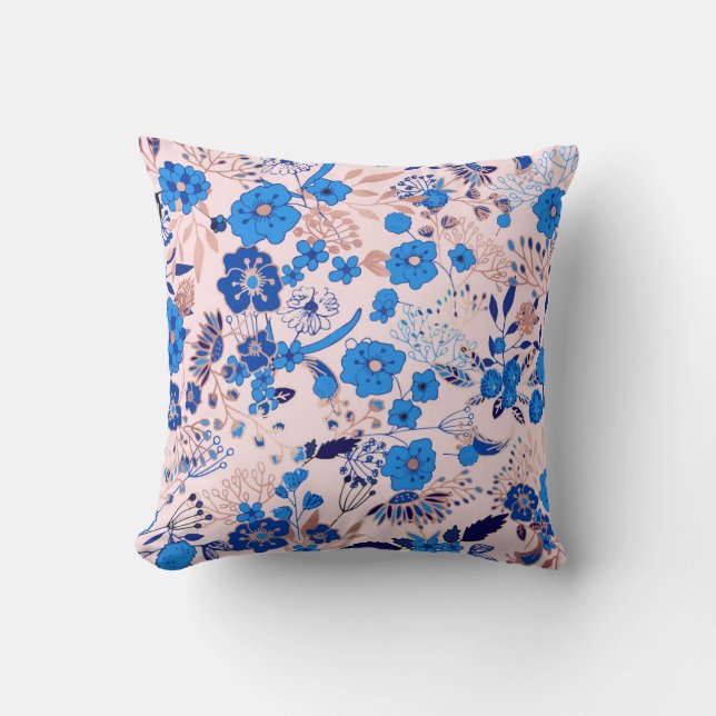  Azure Blue Blush Pink Floral Illustration Kussen (Voorkant)