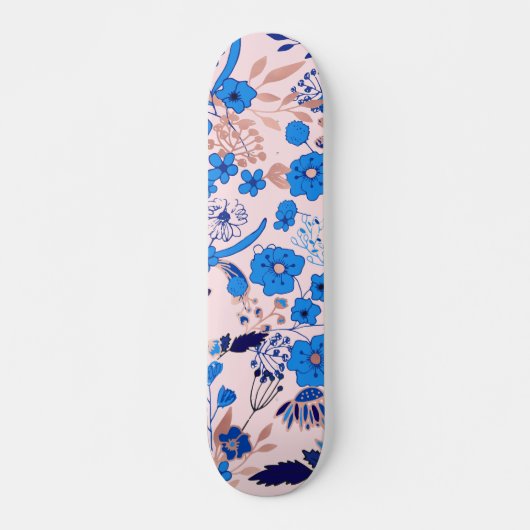 Azure Blue Blush Pink Floral Illustration Persoonlijk Skateboard (Voorkant)