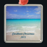 Azure Blue Caribbean Tropical Beach Christmas Metalen Ornament<br><div class="desc">Personalize this caribbean christmas ornament to commemorate your christmas in the caribbean. A white sandy beach with gentle waves and a vivivid ocean view of crystal clear turquoise waters. Bright blue sky and soft fluffy clouds overlook this dreamy tropical caribbean vacature. Tranquil and secluded, the perfecte spot to relax and...</div>