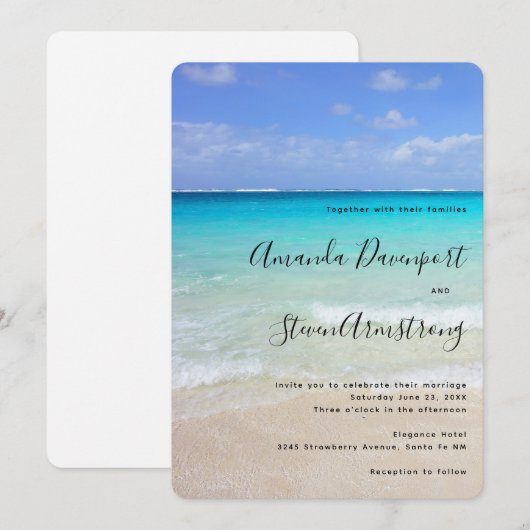 Azure Blue Caribbean Tropical Beach Wedding Kaart (Voorkant / Achterkant)