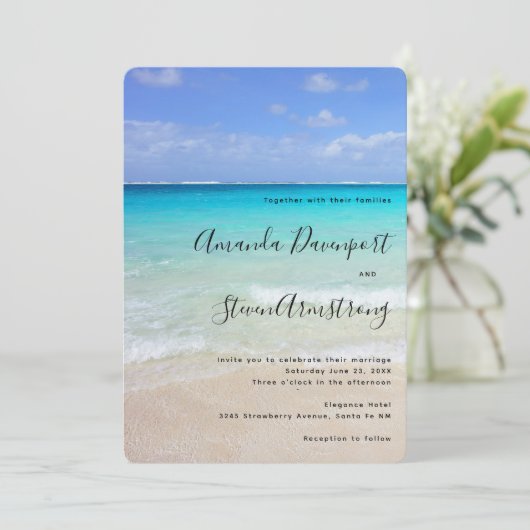 Azure Blue Caribbean Tropical Beach Wedding Kaart (Staand voorkant)