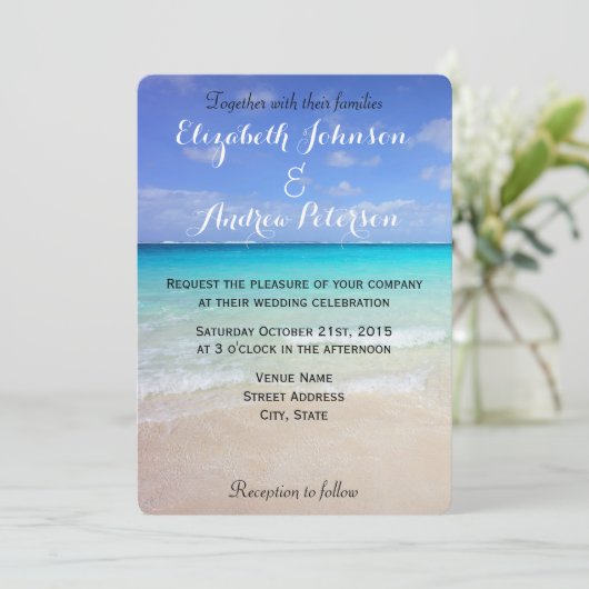 Azure Blue Caribbean Tropical Beach Wedding Kaart (Staand voorkant)