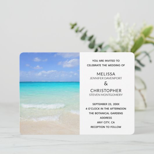 Azure Blue Caribbean Tropical Beach Wedding Kaart (Staand voorkant)