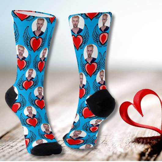 Azure Blue Custom Boyfriend Photo Red Winged Heart Sokken
