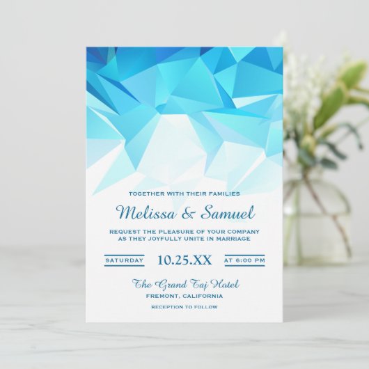 Azure Blue Geometric Origami Wedding Invitation Kaart (Staand voorkant)