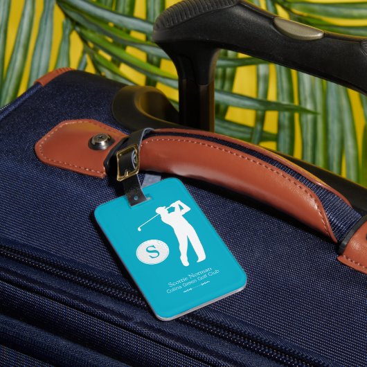 Azure Blue Gepersonaliseerde Golfer Monogram Bagagelabel (Voorkant Insitu 1)