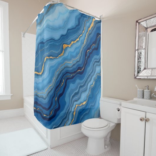 Azure Blue Gold Marble Collectie Douchegordijn (In situ)