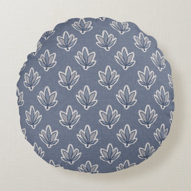 Azure Blue Leaf Linen Look Rond Kussen (Voorkant)