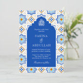Azure Blue Persian Mozaïek QR Code Moslim Bruiloft Kaart (Staand voorkant)