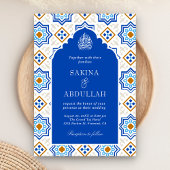 Azure Blue Persian Mozaïek QR Code Moslim Bruiloft Kaart